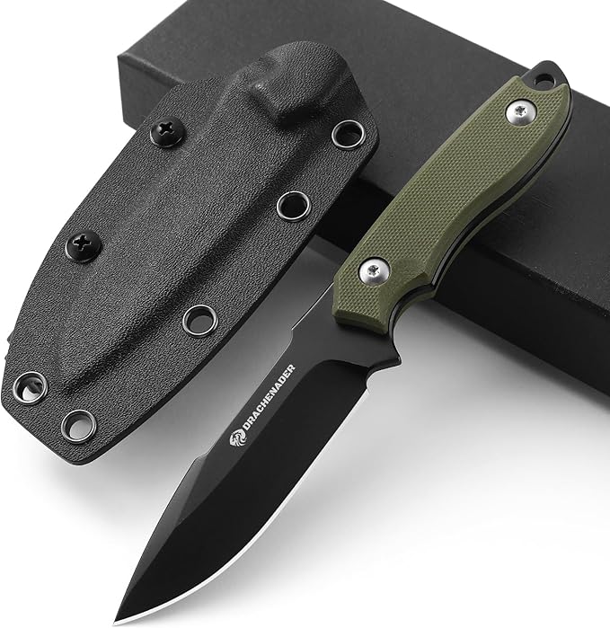 7" D2 Steel EDC Fixed Blade Knife, Versatile Carry with Kydex Sheath and G10 Handle (B- Black Balde + Green Handle)