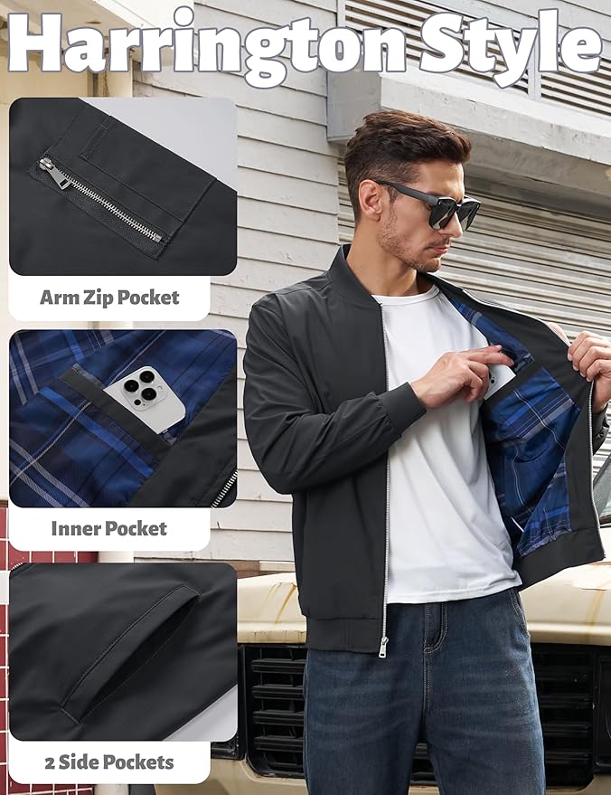 TACVASEN Mens Bomber Jacket Plaid Lined Casual Windbreaker Stylish Light Fall Spring Jackets Windproof Zip Up Coat