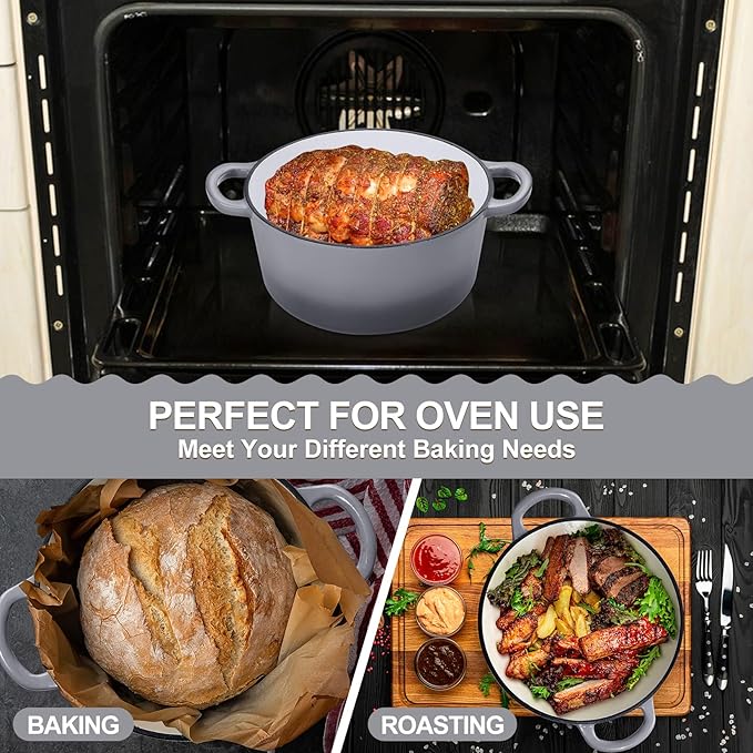 P&P CHEF 5QT Enameled Dutch Oven, Cast Iron Dutch Oven Pot with Lid for Bread Baking, Enameled Casserole Pot for Roasting Braising Stewing Frying Simmering, Various Stoves & Easy Clean, Grey