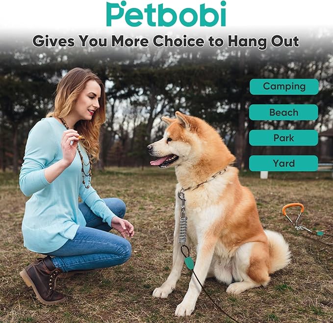 Petbobi Dog Tie-Out Cable and Stake - 10ft Heavy Duty Cable with Spring, No Tangle, 16in Ground Stake, Ideal for Yard, Camping and Beach, Suitable for Small Medium Large Dogs Up to 120 lbs, Black