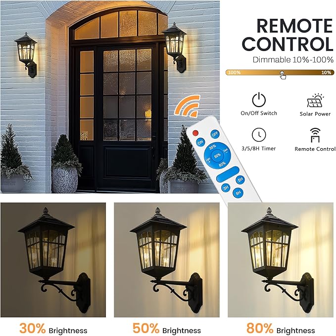 zeyu Solar Outdoor Front Porch Light, Large Outdoor Wall Mounted Light with Remote, Die-Cast Aluminum with Seeded Glass Shade, Black Finish, ZYX113B-M SL BK