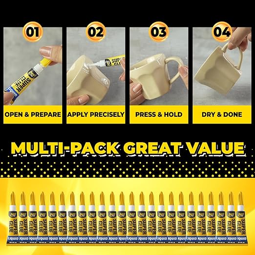 Super Glue 24x3g Liquid CA Glue, Clear Cyanoacrylate Adhesive Single Use for Shoe Sole Repair Ceramic Plastic Model Metal Wood Aquarium Leather Pottery Glass, Food Safe Strong and Instant Bonding