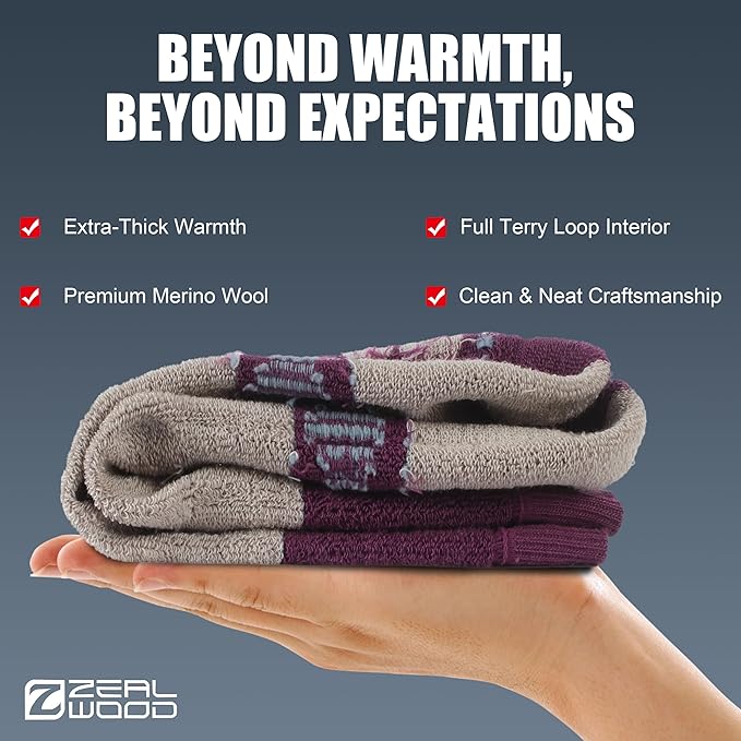 ZEAL WOOD Merino Wool Crew Hiking Socks for Women And Men with Full Cushion Moisture Wicking Walking Work Boot Socks