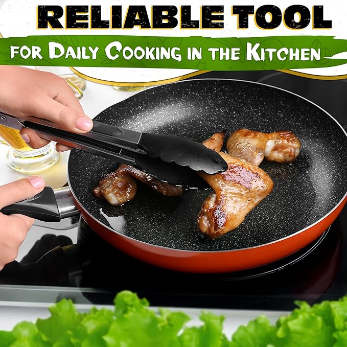 3Pcs Kitchen Tongs with Silicone Tips - Tong Set 7/9/12" | Silicone Tongs for Cooking Heat Resistant up to 480°F, Non Stick, Built-In Lock Ring - Stainless Steel Kitchen Utensils for Cooking & Serving