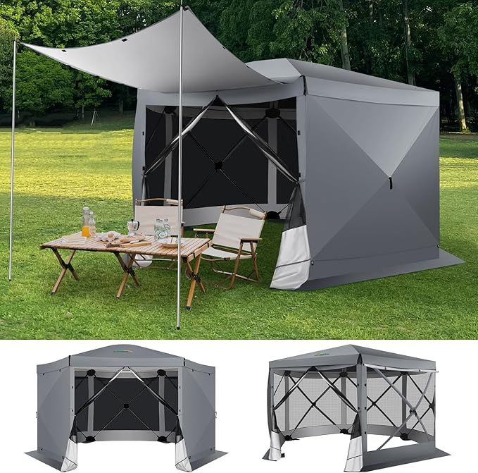 COBIZI 12x12 Pop up Gazebo Screen House Tent for Camping, Outdoor Canopy with Removable Roof&Sidewalls,Portable Hub Tent with Carrying Bag and Ground Stakes, Grey(Upgraded 2.0)