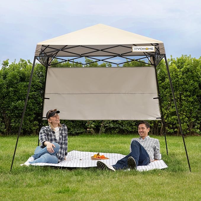 VIVOHOME 8x8ft Pop-Up Canopy Tent with Central Lock Design, Slant Legs, Backpack, and Side Wall, Portable Shelter for Camping, Party, Yard, and Beach Events, Beige