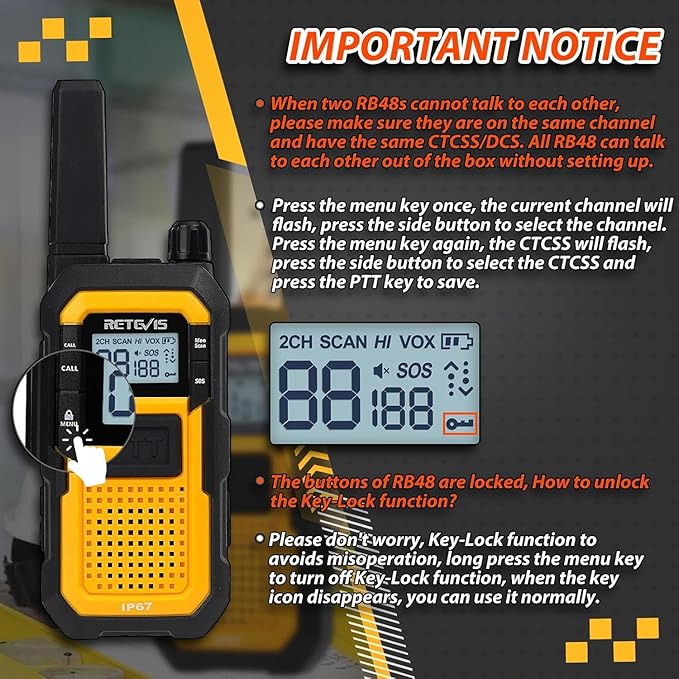 Retevis RB48 Walkie Talkies Long Range, IP67 Waterproof Two Way Radios with Earpiece, Support VOX, Vibration Call, 2000mAh, NOAA, 2 Way Radio for Business(2 Pack)