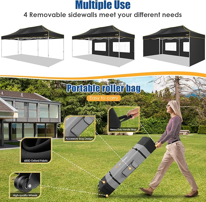 HOTEEL 10x20 Pop up Canopy Tent for Parties, Heavy Duty Easy Setup Tent with 4 Sidewalls, Outdoor Commercial Instant Gazebo for Wedding Event, with Roller Bag & Sand Bags, Black(Hexagonal Frame)