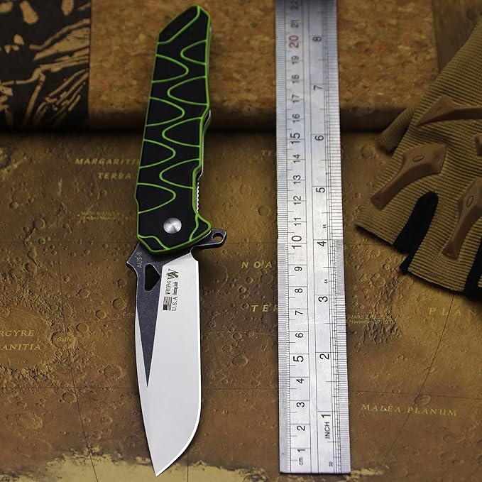 8.4in Folding Knife AUS-8 Steel Blade, G10 Handle with Anti-Slip Texture, Ball Bearing Pivot, Stonewashed Finish, EDC Pocket Knife for Camping, Hiking, Survival (AUS-8 (G10 black/green))