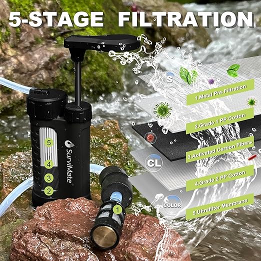 SurviMate Water Purifier Survival Pump,0.01 Micron 5-Stage Water Purifier System,Hand Pump Water Filter Portable Outdoor Emergency,Camping, Hiking, Backpacking