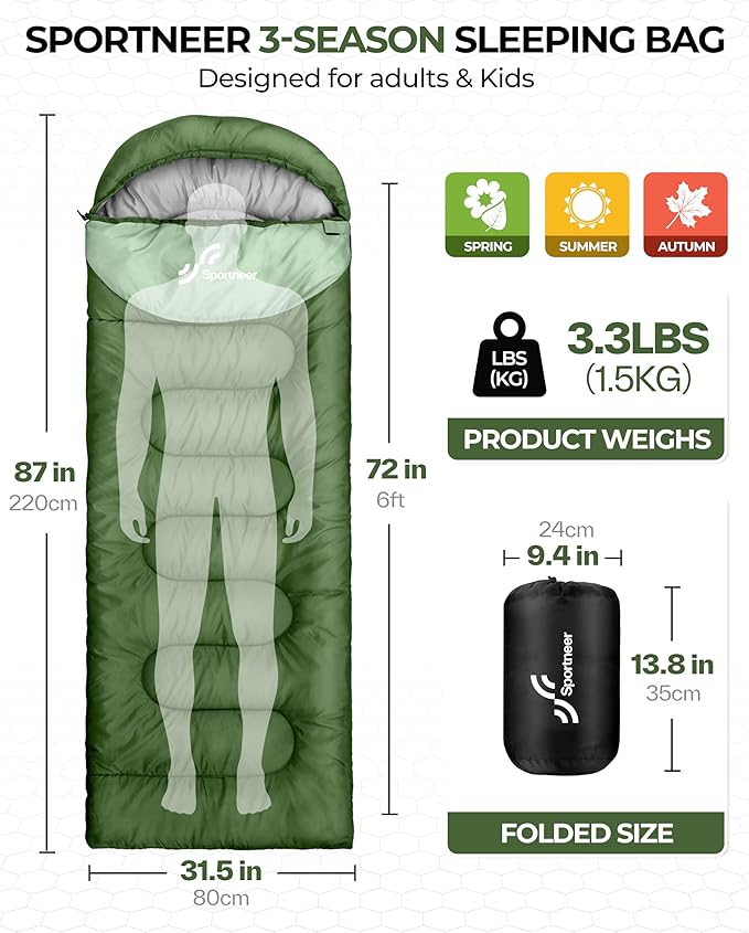 Sportneer Sleeping Bags for Adults, Warm & Cold Weather Sleeping Bag for Adults Kids Boys Girls - Lightweight Compact Camping Gear Equipment, Traveling, Backpacking, Hiking