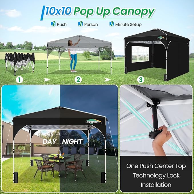 COBIZI 10x10 Pop Up Canopy Tent with 3 Removable Sidewalls & Air Vent | Waterproof Instant Setup 90s, Commercial-Grade Gazebo Tent for Camping/BBQ/Events | Includes Sandbags, Stakes & Ropes (Black)
