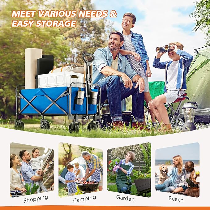 Collapsible Wagon Cart, 360lbs Heavy Duty Foldable Wagon with All-Terrain Wheels and Drink Holders, for Beach Camping Shopping Garden, Blue