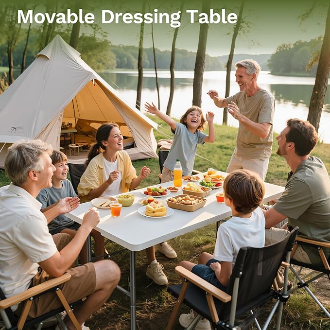 Simple Deluxe 4 FT Foldable Table with Built in Handle & Steel Legs, Heavy Duty Portable Table, Folding Table Outdoor Indoor with Carrying Handle for Camping, Picnic, Party, White