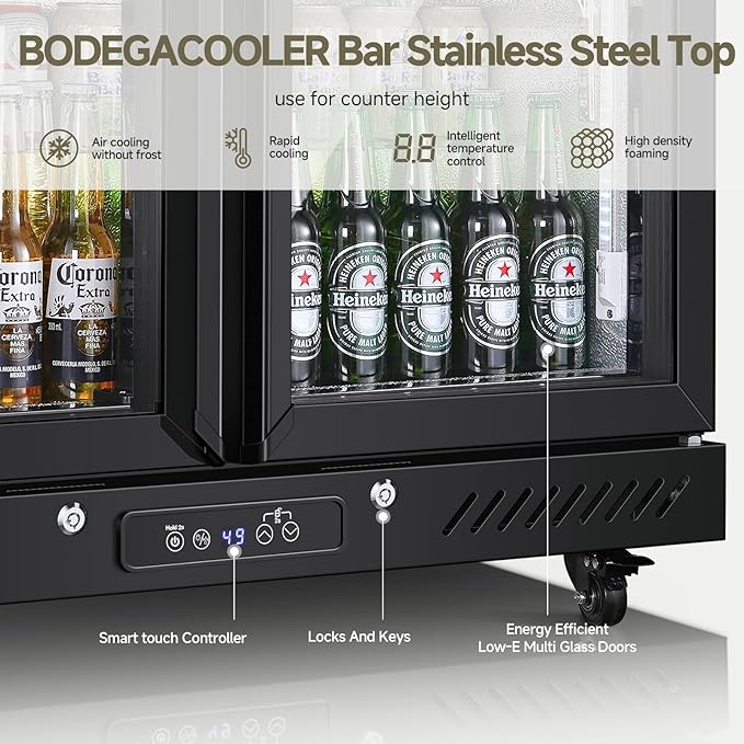 BODEGACOOLER Commercial Beverage Bar Cooler with 2 Glass Doors,7.7 Cu.ft Counter Height Back Bar Refrigerator LED Lighting for Soda Drinks,Beer,Wine with Stainless Steel Top,DOE Approved,4 Casters