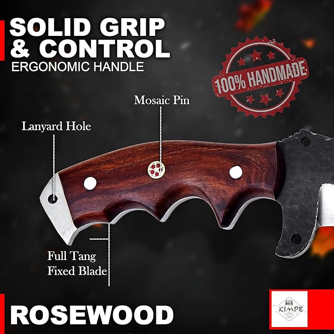 KIMPE 10.5’’ Hand-Forged Spring Steel Hunting Knife with Leather Sheath-Fixed Blade EDC Knife-Bushcraft Knives-Rose Wood Handle-Best Camping & Survival Knives-Knives for Men. (Spring Steel & Rose Wood)