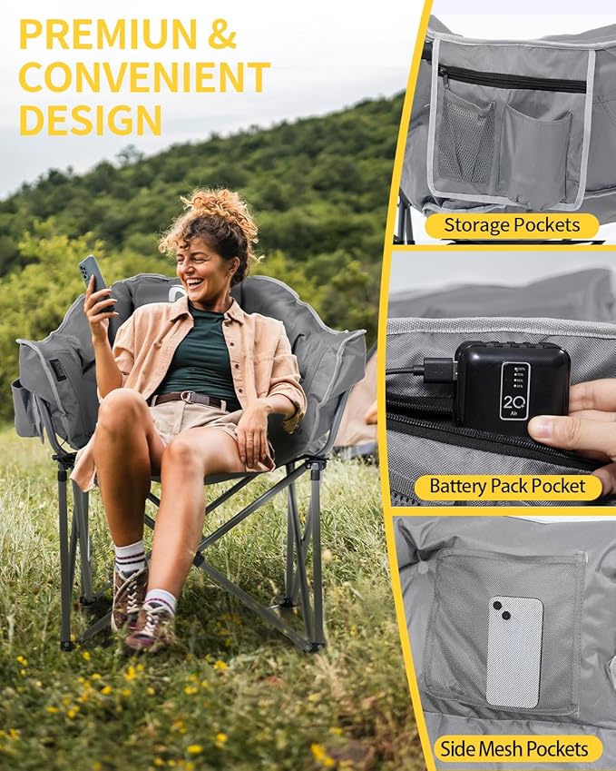 NAIZEA Heated Camping Chair, Oversized Heated Folding Outdoor Chair for Adults with 3 Heat Levels, Portable Foldable Patio Lounge Chair for Sports Outdoors Camp, Battery NOT Included