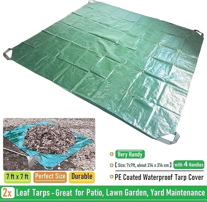 2-Pack 7x7ft Yard Garden Leaf Tarp 4 Handles Waterproof Tarps for Sandbox Cover,Lawn Debris,Yard Waste Tarp,Landscape Pruning,Leaf Hauler,Outdoor Camping Tarps,Tent Footprint,Patio Table,FirePit Cover