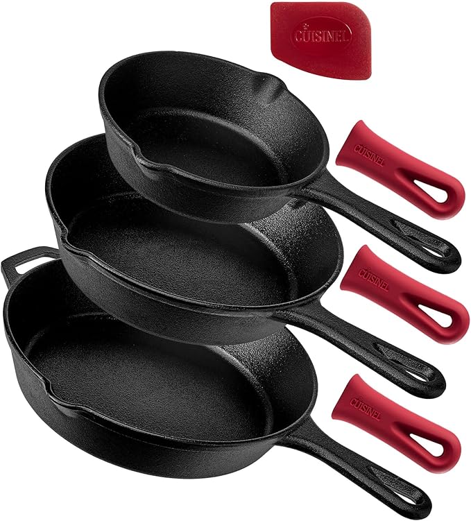 Cuisinel Cast Iron Skillet Set - 3-Piece: 6" + 8" + 10"-Inch Chef Frying Pans - Pre-Seasoned Oven Safe Cookware + 3 Heat-Resistant Handle Covers - Indoor/Outdoor Use - Grill, Stovetop, BBQ, Fire Safe