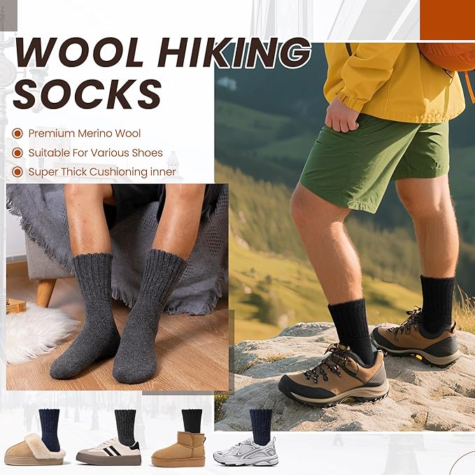 Eyean Merino Wool Socks Thermal Winter Ski Warm Thick Cozy Boot Hiking Socks for Women Men 3 Pairs