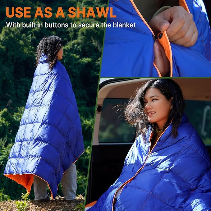 Down Puffy Blanket for Car Camping Outdoor Travel Backpacking, Duck Down Lightweight Portable Soft Warm Cozy Camping Blanket Quilt, Lake Blue