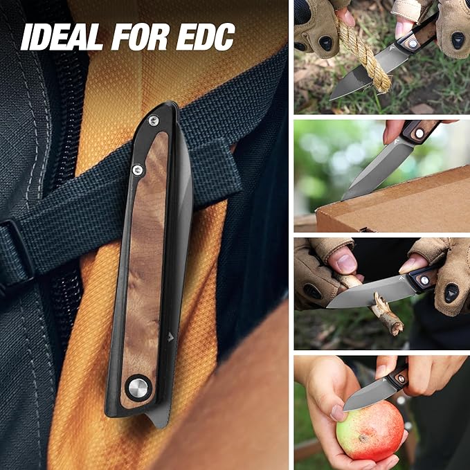 FLISSA Pocket Knife, Folding Knife with D2 Steel Blade, Liner Lock, Aluminum Alloy & Wooden Handle, Ball Bearing and Pocket Clip for EDC, Camping, Hiking, Outdoor Activities