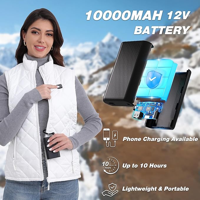Heated Vest for Women with 12V 10000mAh Battery Pack, Women's Lightweight Electric Heating Vest Liner Winter Outdoor