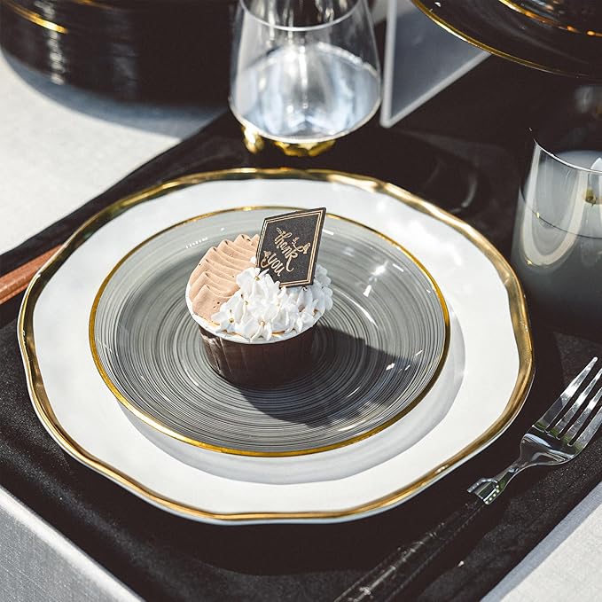 100 Piece Black Gold Plastic Plates, Disposable Heavy Duty Dessert Plates with Gold Rim, 7 in Round Salad Plates for Wedding Party