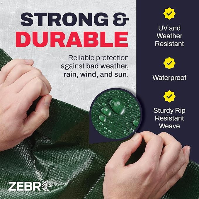 10' x 20' Green Heavy Duty Tarp with Grommets Reinforced - 16 Mil Thick - Double Sided Plastic Tarps Waterproof - Large Tarpaulin Cover for Outdoor Camping Over/Under Tent Tarp RV Roof Rain - Zebro
