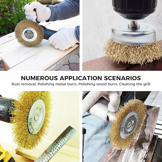 6 Pc Wire Wheel Brush for Grill Cleaning Removes Stubborn Stains,Rust Removal, Corrosion, Polishes Metal Burrs, and Scrubs Surfaces Perfect for BBQ Ovens and Grills Compatible with electric hand drill