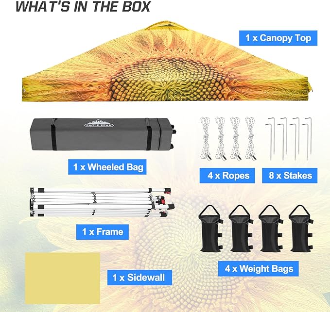 EAGLE PEAK Pop Up Canopy Tent with 1 Sidewall, Easy Setup Event Tent, Outdoor Sun Shade, Wheeled Carry Bag, Stakes and Guy Ropes, Instant Canopy 10x10, Sunflower