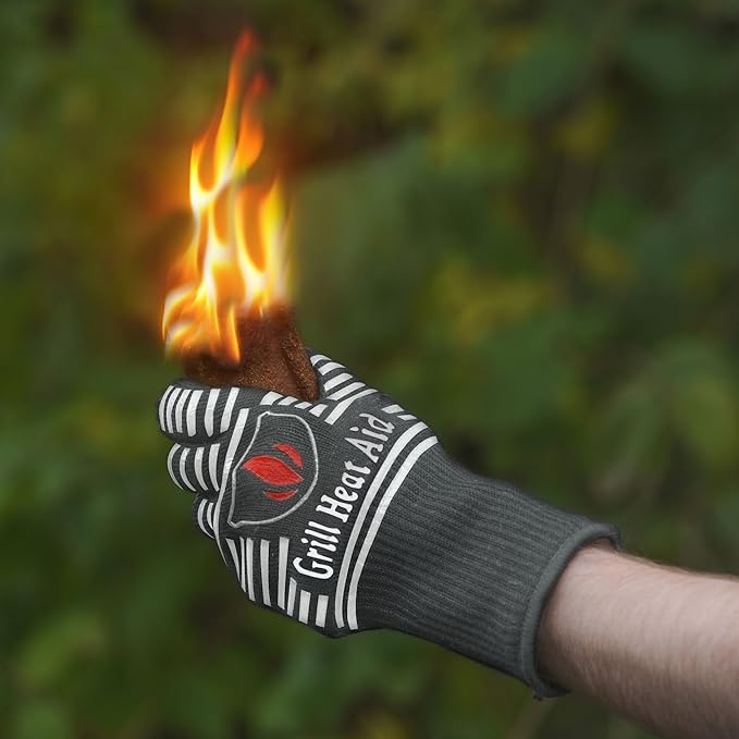 GRILL HEAT AID BBQ Grill Gloves Heat Proof for Grilling โ Fireproof 1472ยฐF Heat-Resistant Grill Mitts for Outdoor Barbecue and Smoker, Campfire, Fire Pit, Oven Glove with Fingers for Baking Pizza