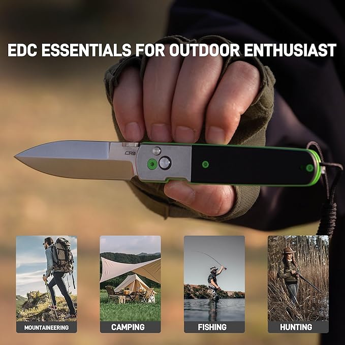 CJRB Locust EDC Knife, 3.15'' AR-RPM9 Steel Blade Folding Knife with Stone Washed Steel&G10 Inlay Handle, Button Lock with Safety Switch for Men Women Camping Hiking(1951-SBK)
