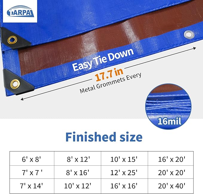 TARPAL 7x14ft Waterproof Small Tarp 16Mil Heavy Duty tarp with Metal Grommets Every 17.7" Multipurpose Tear-Resistant UV Protection Cover for Roof,Pool,Car,Firewood,Outdoor Furniture (Blue/Brown)