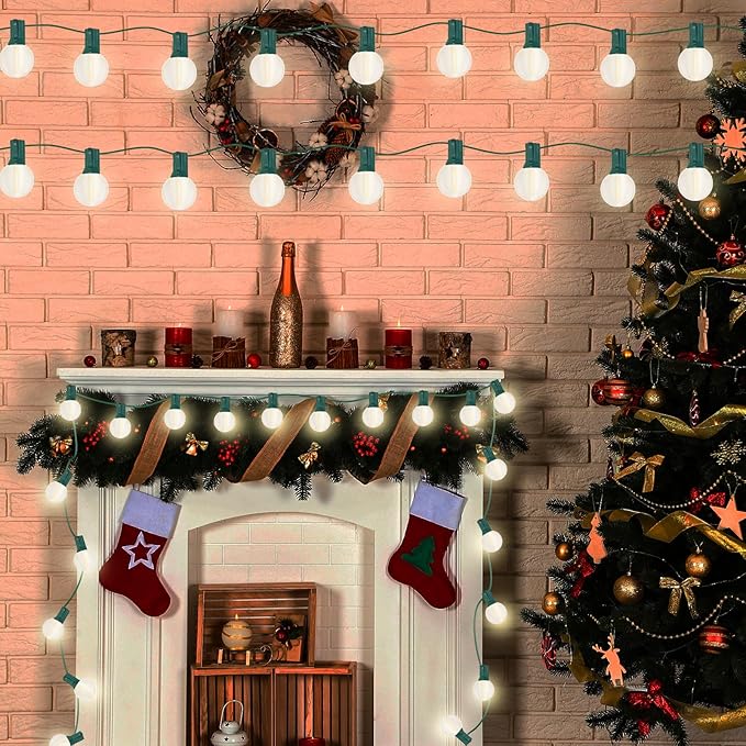 Abeja 25Ft Frosted White String Lights, G40 Globe Patio String Lights with 27 Frosted White Bulbs, Vintage Backyard Patio Lights for Backyard Porch Balcony Party Wedding Umbrella- Green Wire
