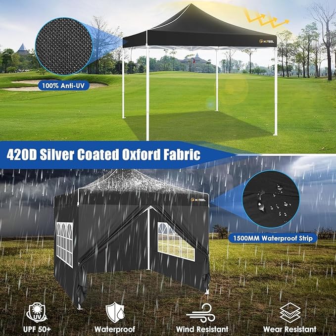 HOTEEL Canopy Tent 10x10 Heavy Duty Pop Up Canopy with Sidewalls, Commercial Instant Waterproof Tent for Vender Patio, UV 50+ with Silver Coated, Upgraded Thickened Hexagonal Legs, Black