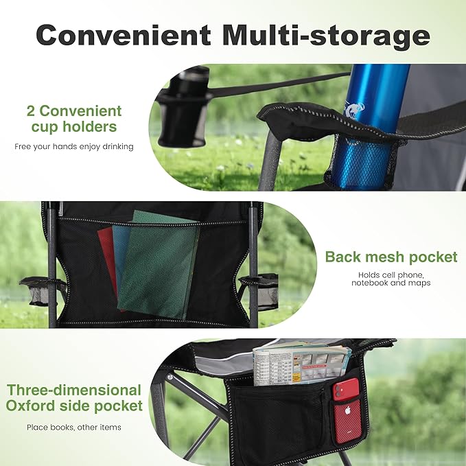 LET'S CAMP Oversized Outdoor Folding Camping Chair, 2 Pack Heavy Duty Arm Chairs with Cup Holder and Storage Bag, 350 LBS Weight Capacity, Grey