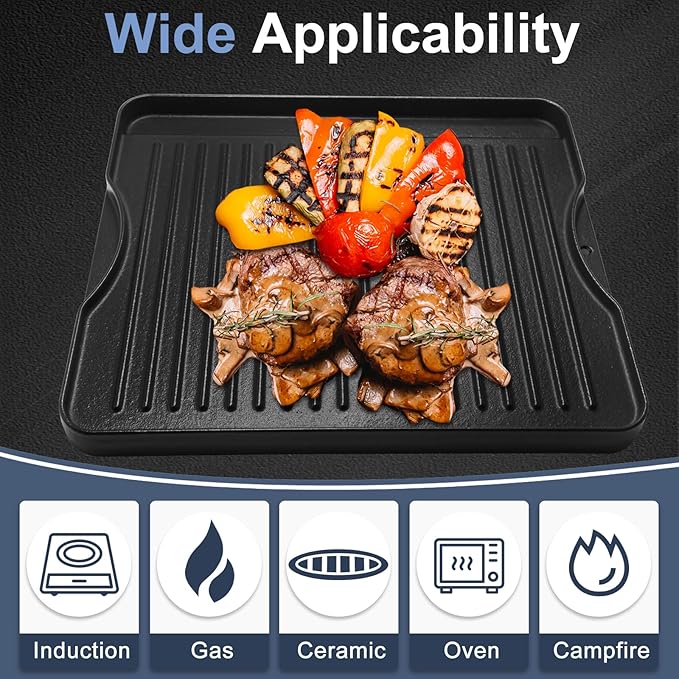 Criditpid Flat Griddle Top Plate Replacement Parts for Gas Stove, Charcoal, Electric, Propane, Gas Grill, 14" x 16" 2-in-1 Reversible Pre-Seasoned Cast Iron Cooking Griddle for Camping Tailgating.