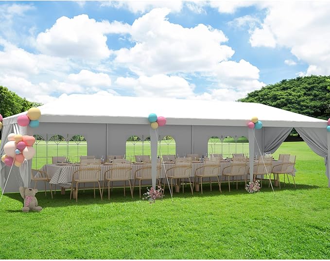 Greesum 10x30 Outdoor Canopy, Gazebo Shelter with 8 Side Removable Walls, Waterproof Shelter for Party Wedding BBQ Events, White