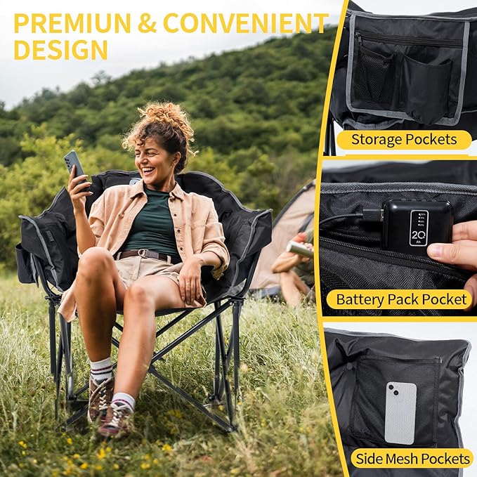 NAIZEA Heated Camping Chair, Oversized Heated Folding Outdoor Chair for Adults with 3 Heat Levels, Portable Foldable Patio Lounge Chair for Sports Outdoors Camp, Power Bank 20000mAh