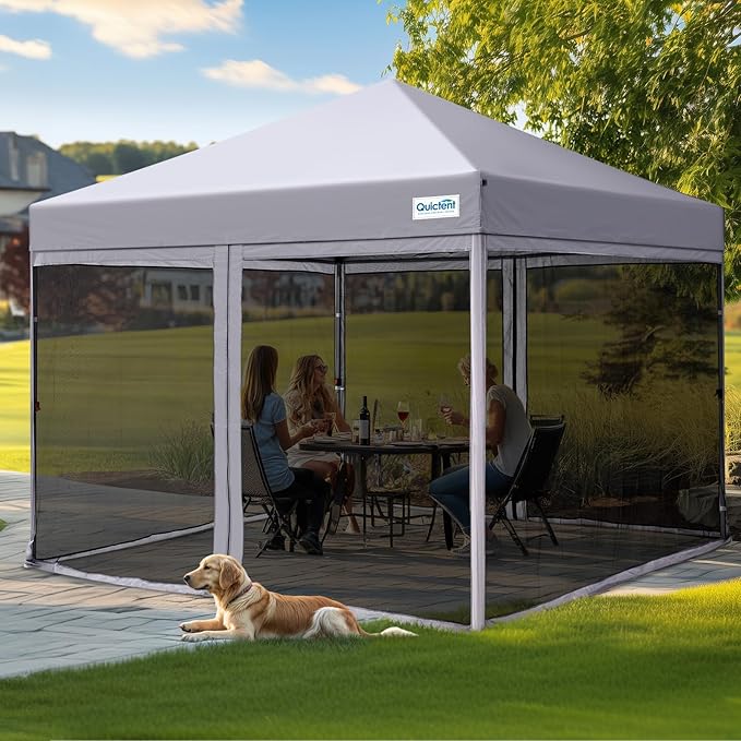 Quictent 10'x10’ Pop up Screened Canopy Tent with Mosquito Netting, Portable Easy up Outdoor Screen House Shelter for Patio, Camping and Picnic, Includes Wheeled Carry Bag (Grey)