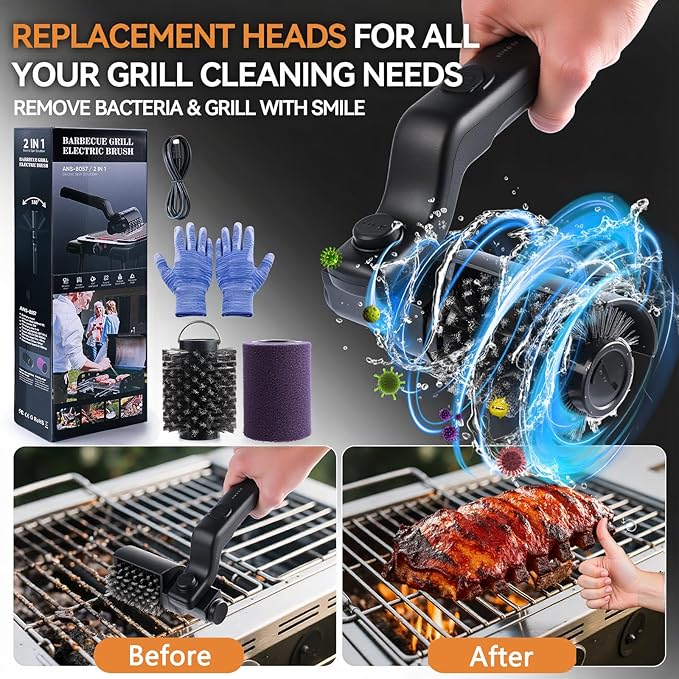 Electric Giddy Up Grill Cordless Cleaning Brush, Upgraded AS SEEN ON TV! BBQ Barbecue Scrubber, High Torque 25W Motor & MAX 400RPM, Dual Heads & Splash Guard