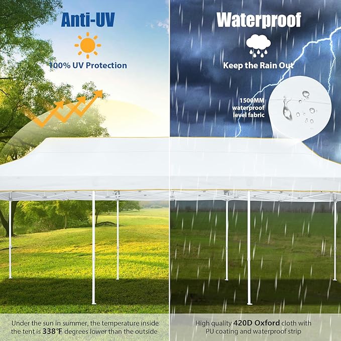 HOTEEL 10x30 Pop up Canopy Tent for Parties, Heavy Duty Easy Setup Tent Without Sidewalls, Outdoor Commercial Instant Gazebo for Wedding Event, with Portable Bag, White(Hexagonal Frame)