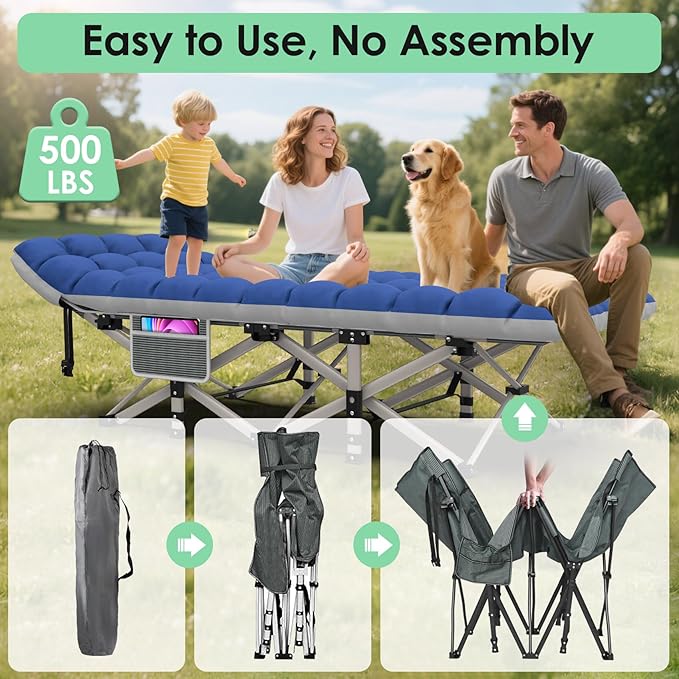 Suteck Camping Cot, Folding Camping Cot Bed for Adults Sleeping 1200D Double Layer Oxford Portable Folding Outdoor Cots for Camping W/Soft Pad Carry Bag for Home Office Nap Beach Travel, Stripe Blue