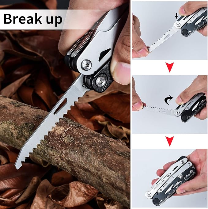 Multitool Pocket Knife for Men, Tactical Multi Tool Saw, Screwdriver kit, Flint with Nylon Pouch, Detachable Large Scissors for Camping, Hunting