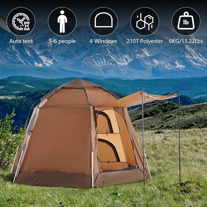 TUKAILAI Instant Camping Tent, Hexagonal Design Automatic Dome Tent with 4 Mesh Windows and 1 Door, Easy Setup Pop Up Tent with Vestibule & Rainfly