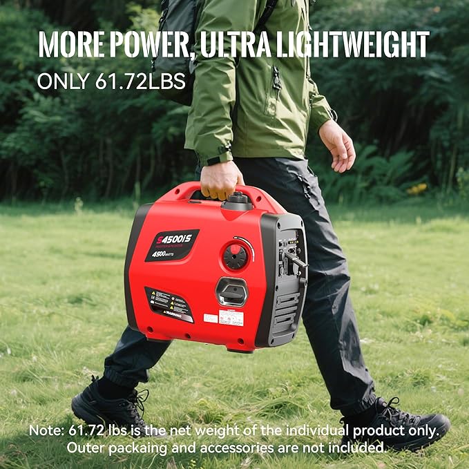 4500W Portable Generator Super Quiet Inverter Generator Ultra Lightweight for Home Backup Outdoor Camping, RV Ready Parallel Capable, Long Run Time, CO Sensor Protect, EPA, ECO Mode