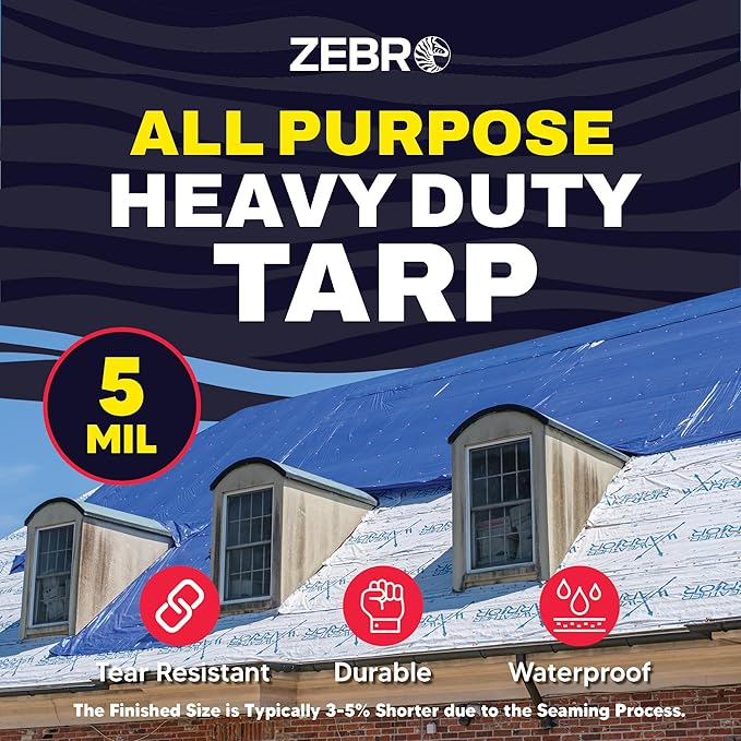 10' x 20' Blue Tarp with Grommets Reinforced - 5 Mil Thick - Durable UV Resistant Plastic Tarps Waterproof - Large Tarpaulin Cover for Outdoor Camping Over/Under Tent Tarp RV Roof Rain - Zebro