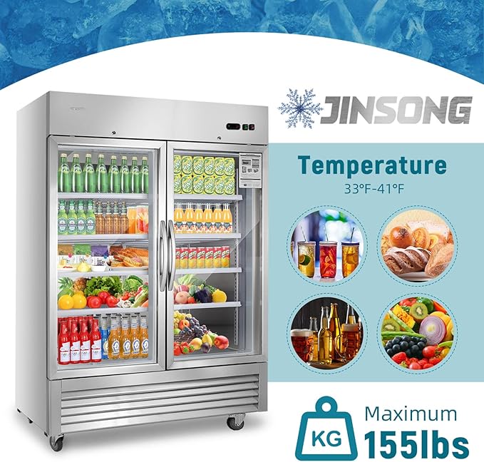 JINSONG Commercial Beverage Fridge Display Refrigerator, 54" Wide, Glass Door Refrigerator, Stainless Steel Beverage Cooler with LED Lighting & 8 Shelves for Restaurant, Office, Shop, Bar, 49 Cu.ft