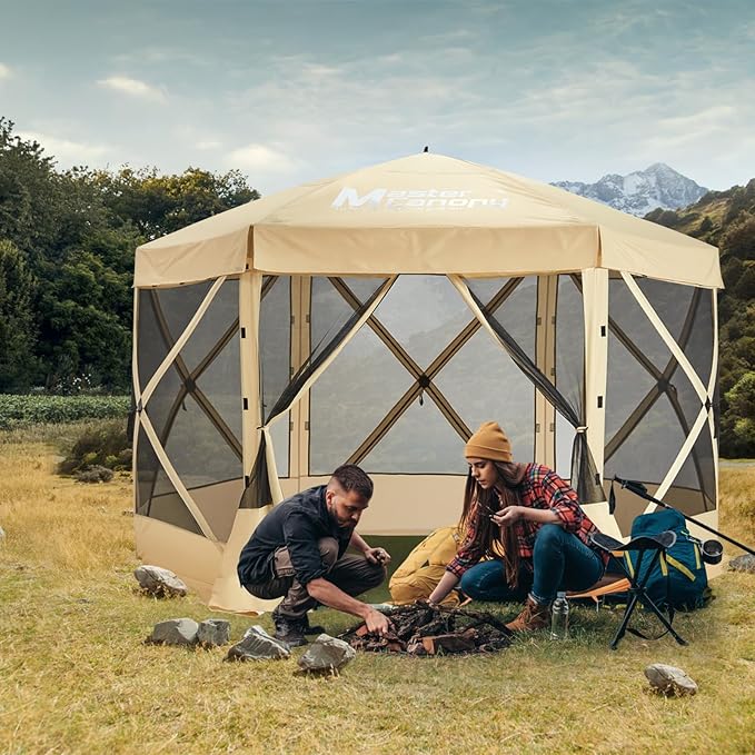 MASTERCANOPY 10x10FT Pop Up Gazebo Screen Tent - Instant Screen House with Netting, Quick Set, Outdoor Canopy Shelter with Carry Bag for Camping, Backyard & Patio (Beige)